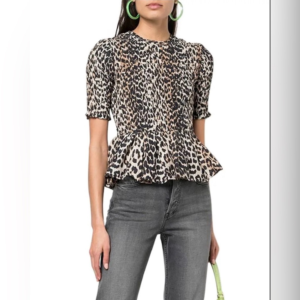 GANNI Smocked Bodice Leopard Peplum Hem Short Sleeve Cotton Silk Size 4